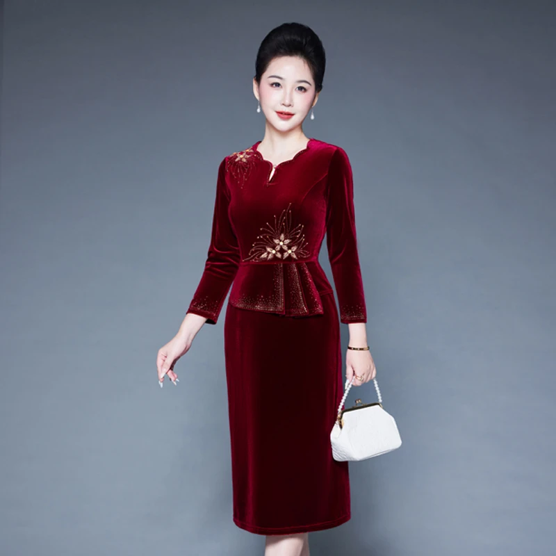 新款显瘦喜婆婆中长款婚宴婚礼服秋冬气质高贵喜妈妈宴会装修身款