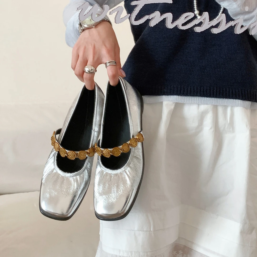 小香风银色一字带玛丽珍鞋2025夏季新款方头平底浅口单鞋女多宝鞋