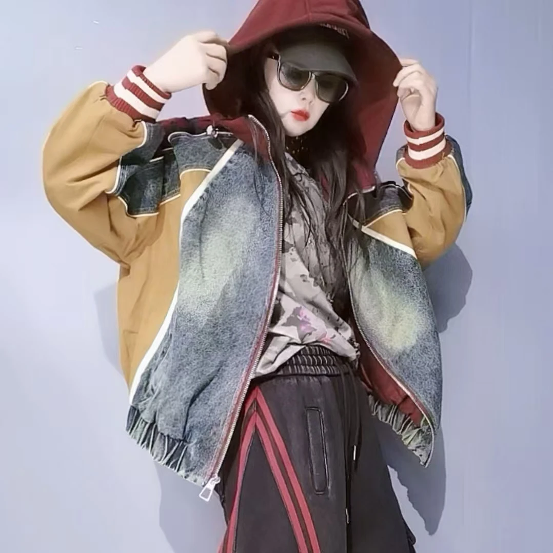 潮牌休闲宽松牛仔拼接个性潮流百搭时尚连帽外套