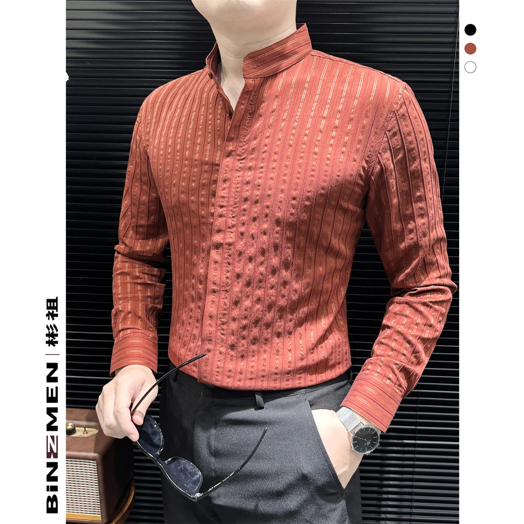 中式立领肌理感条纹衬衫男长袖爆款2025新款秋季修身百搭男士衬衣
