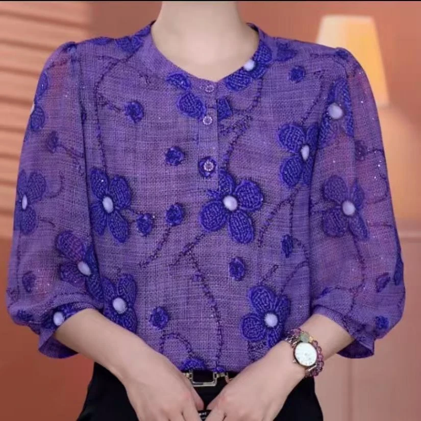 夏季七分圆领减龄时尚洋气中老年女性衬衫上衣蕾丝显瘦气质百搭