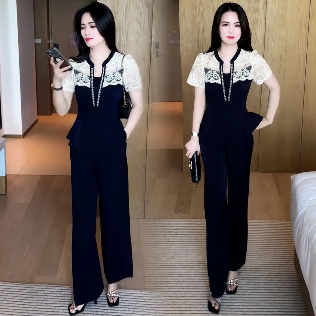 拉夏贝尔时尚小香风气质套装女2025夏季新款显瘦蕾丝阔腿裤两件套