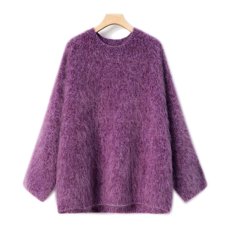 拉毛羊绒毛衣欧货高端软糯秋冬慵懒风宽松加厚紫色花纱拉绒羊绒衫