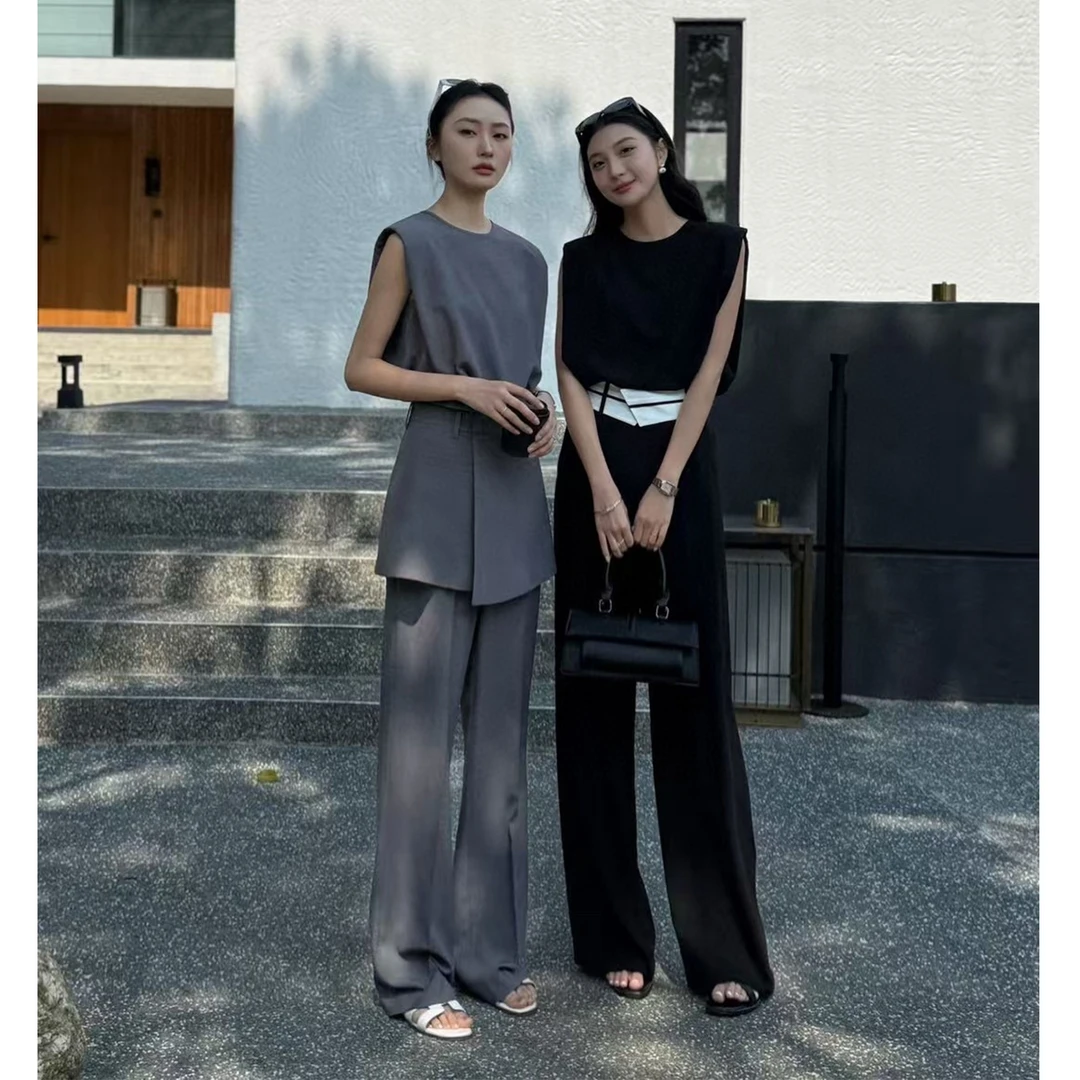 小个子显高穿搭套装女夏季新款时髦洋气设计感无袖上衣长裤两件套