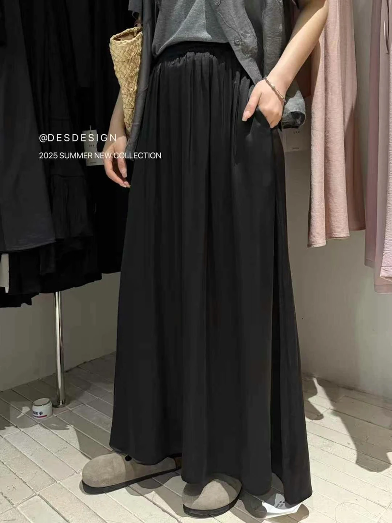 依琳家新品醋酸松紧腰口袋长裙63129