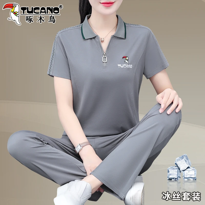 啄木鸟中老年女装运动套装女2025新款夏季冰丝短袖洋气妈妈两件套