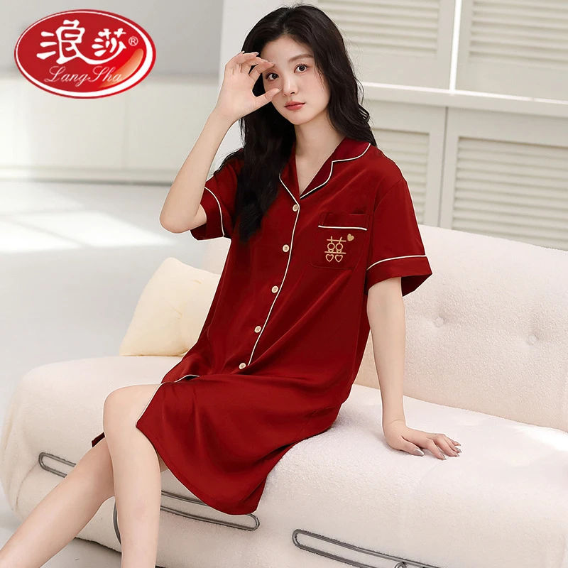 浪莎冰丝睡裙女士夏季薄款短袖衬衫红色高级感仿真丝结婚新婚女家