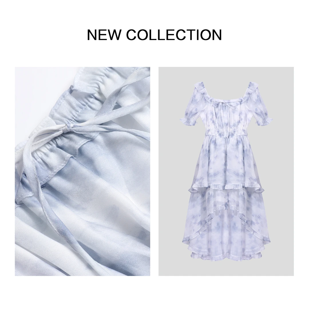 【香香严选】L5F26095浅蓝扎染方领泡泡袖长裙-7038X