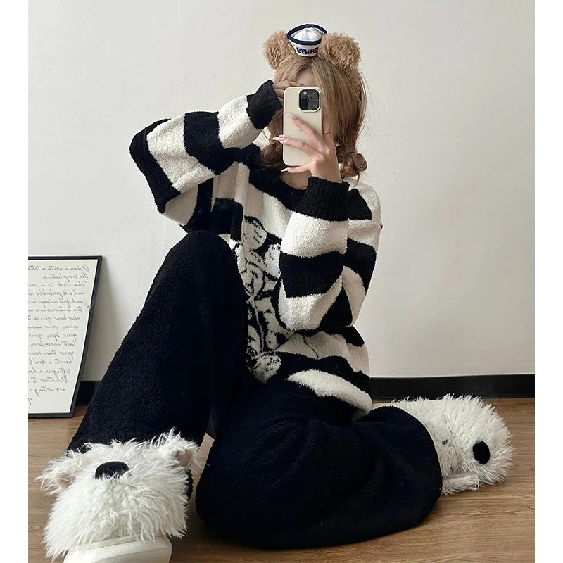 韩系可爱米奇半边绒睡衣女款冬季新款加厚条纹毛绒针织家居服套装