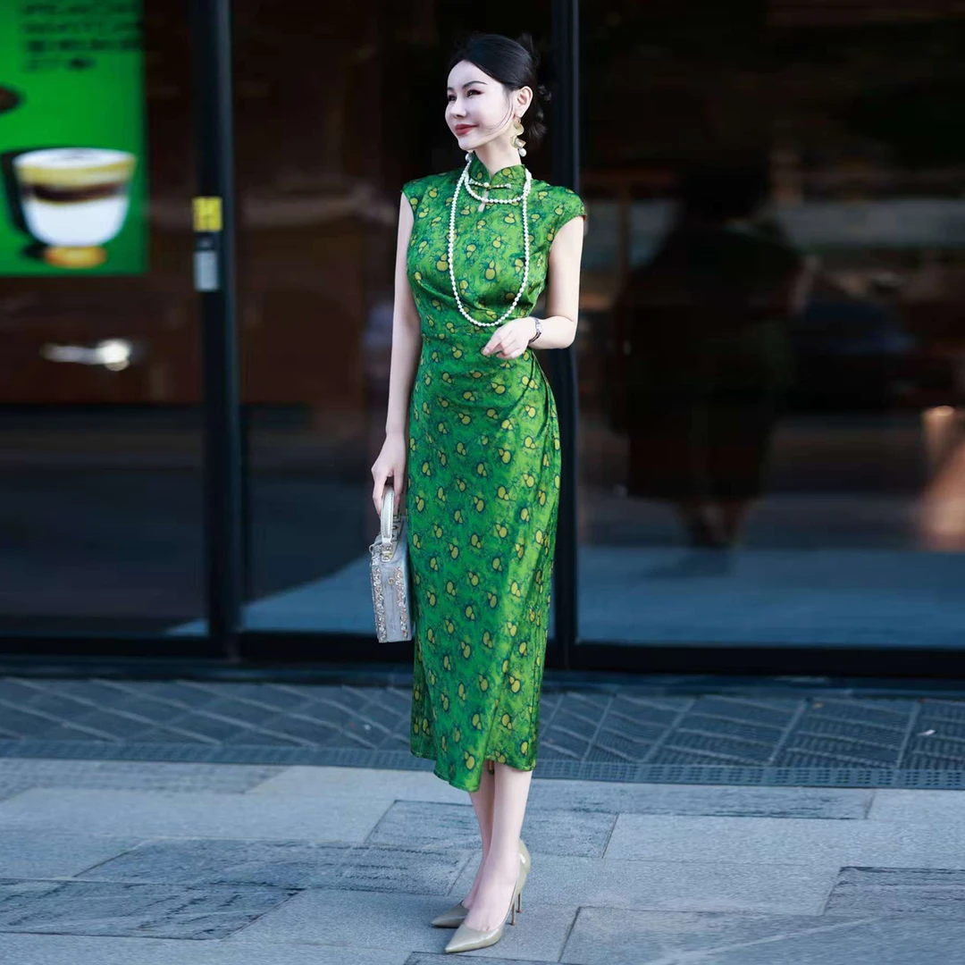 2025夏季复古国风旗袍改良印花修身显瘦气质女神连衣裙优雅中长裙