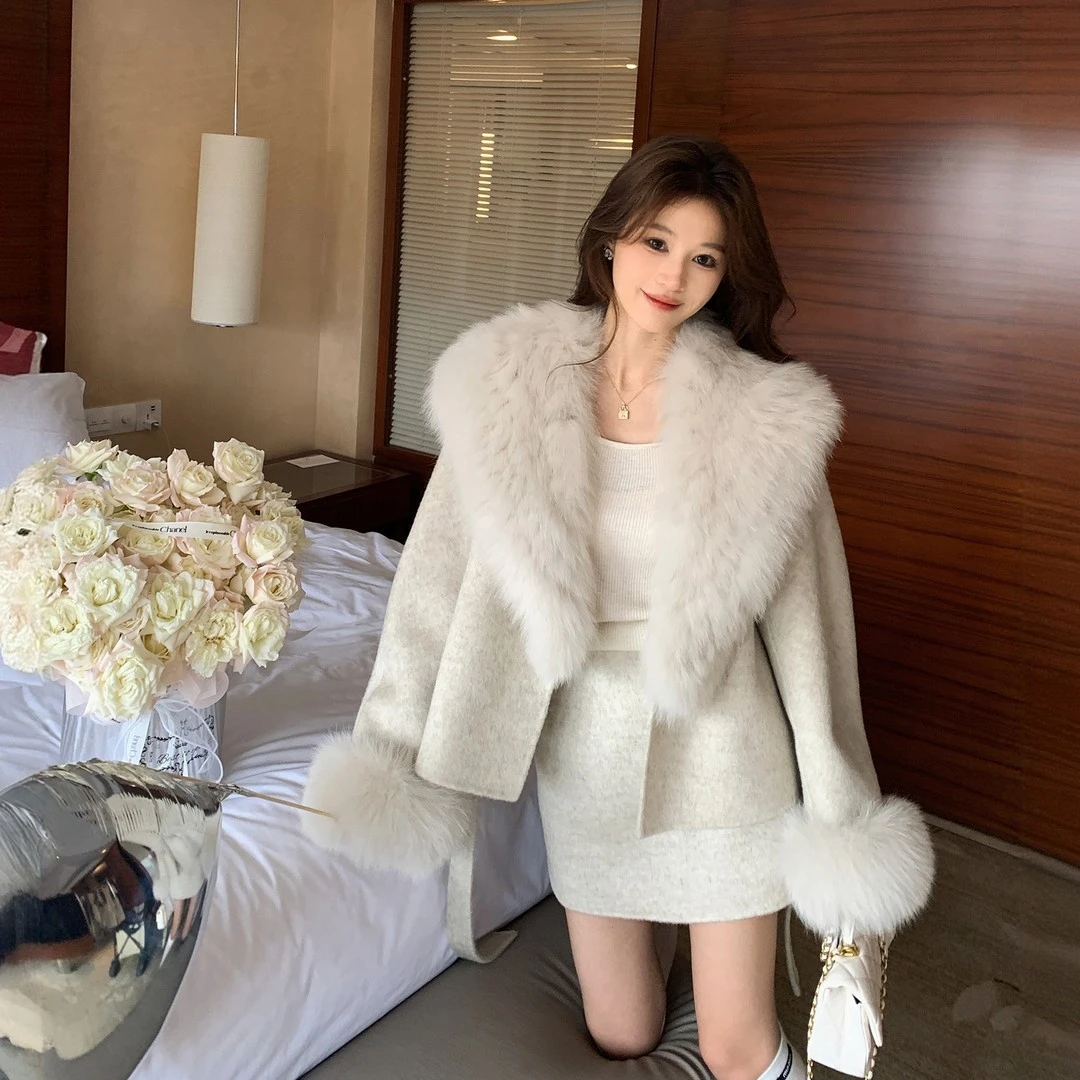 名媛贵系毛呢套装裙秋冬新款气质百搭设计感毛茸外套半身裙两件套