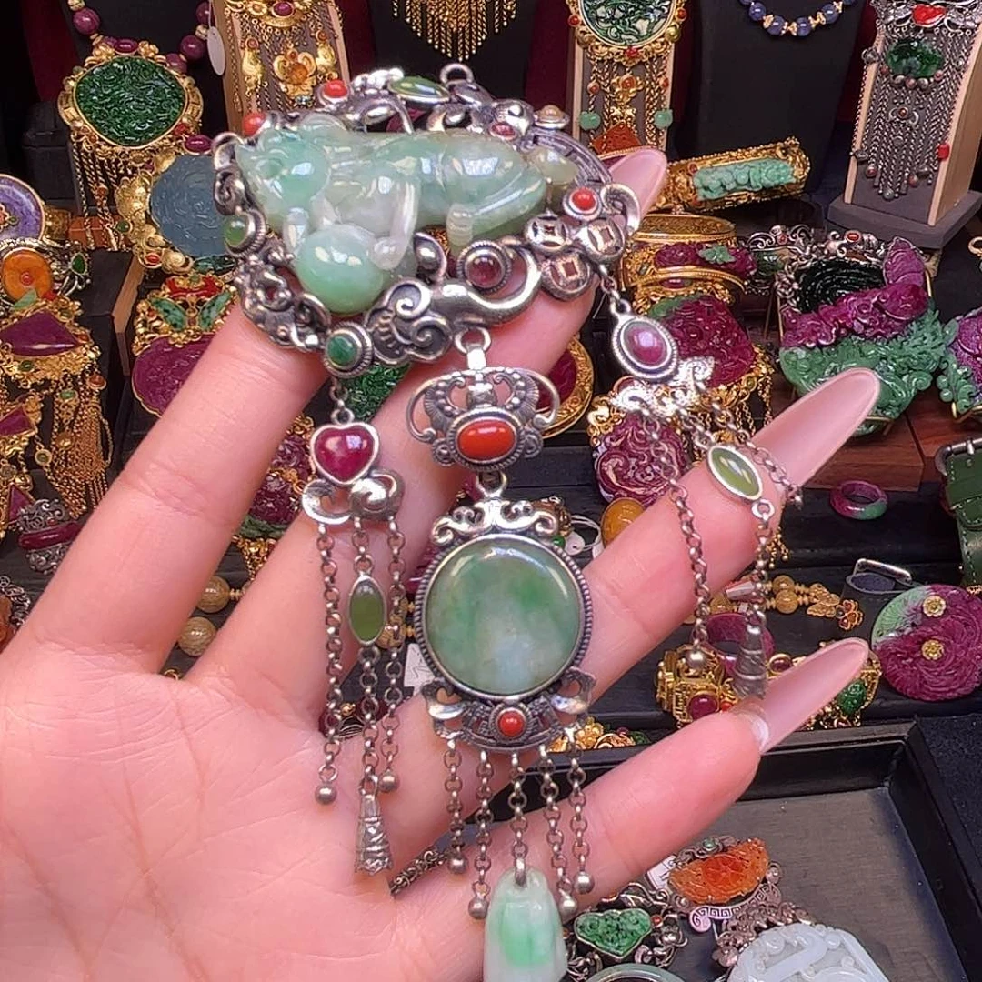 翡翠银S925镀金镶嵌颈饰