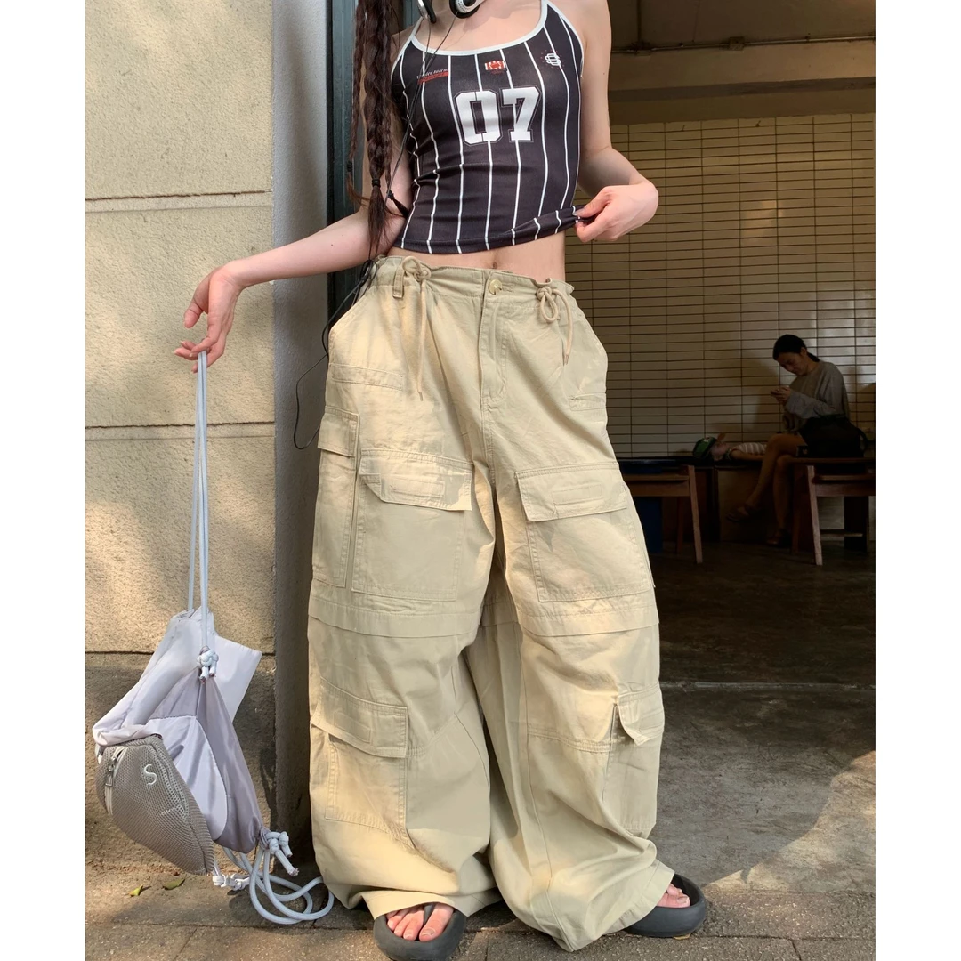 am布丁美式复古多口袋抽绳工装裤女夏季宽松直筒休闲阔腿拖地裤潮