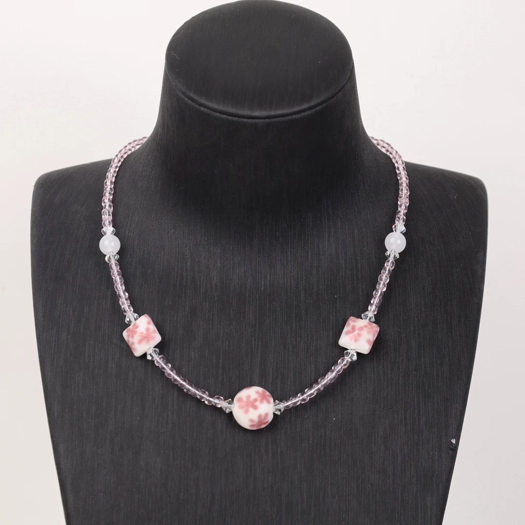 合金项链 LZ2456粉色雪花扁珠粉色小米珠琉璃项链