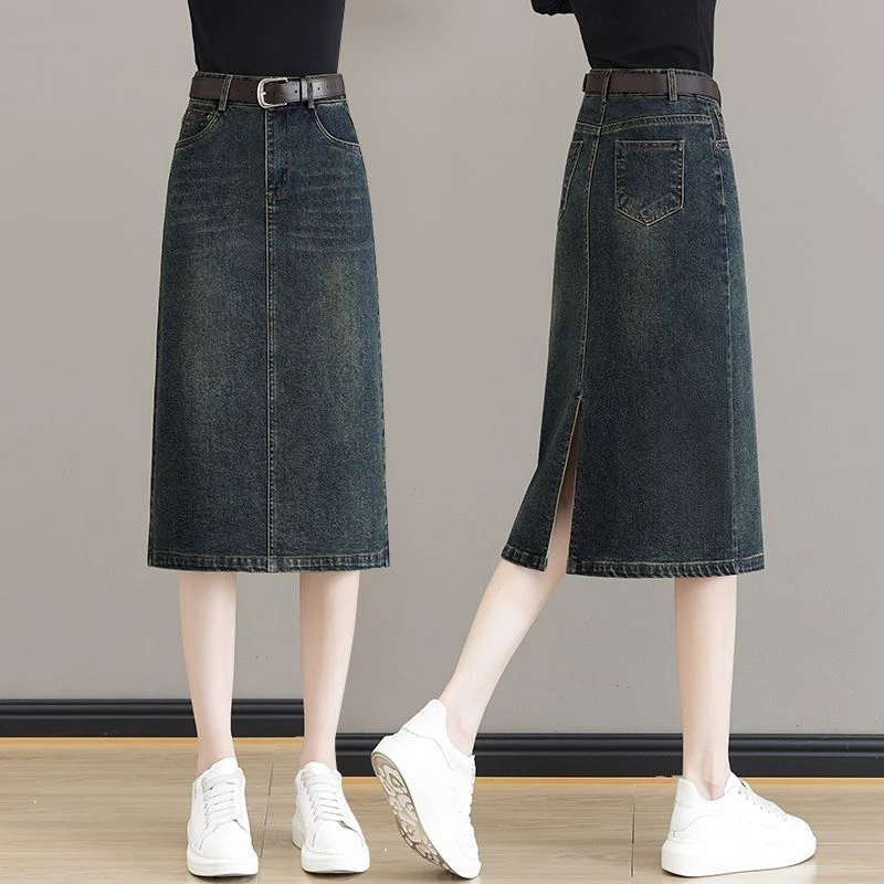 复古蓝牛仔半身裙女秋冬新款中长款修身显瘦弹力a字一步包臀裙子