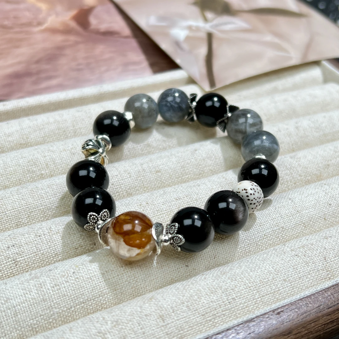 【黑骑士】银曜石灰月光黄胶花天然水晶手串