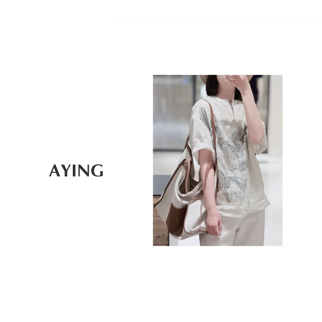 AYING  女士夏季   新中式国风苎麻立领印花蚕豆花衬衫