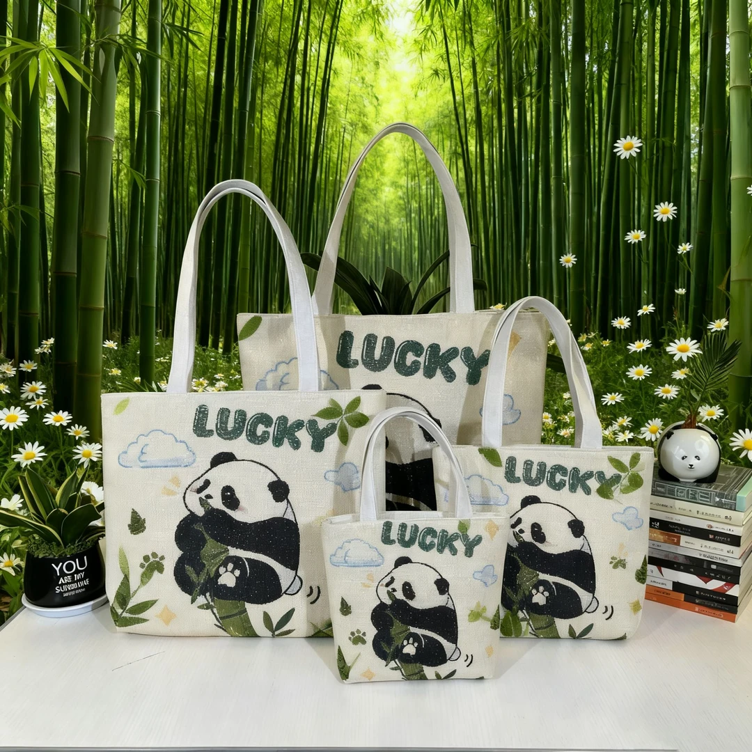 竹节小熊猫双面针织刺绣简约休闲百搭时尚加金丝线帆布手提单肩包