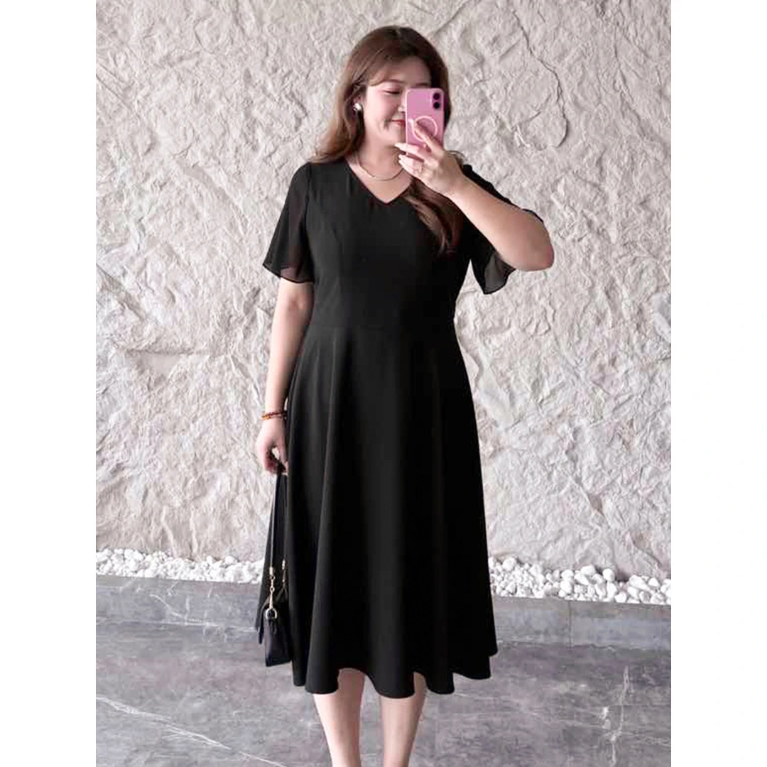 MsShe大码女装2025秋装优雅垂感拼接雪纺荷叶飞袖连衣裙S2507001