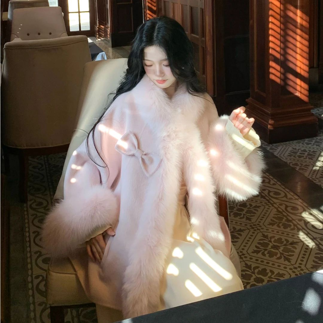 Blovelan时鹤惊花 狐狸毛条气质100%绵羊毛双面呢大衣毛呢外套女
