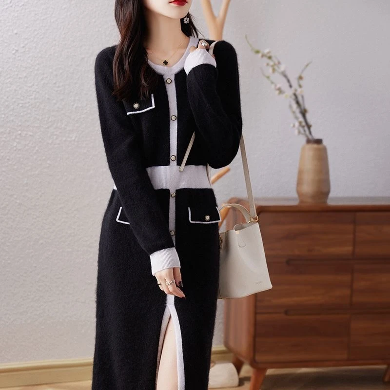 秋冬新品纯羊毛连衣裙女开叉小香风拼色