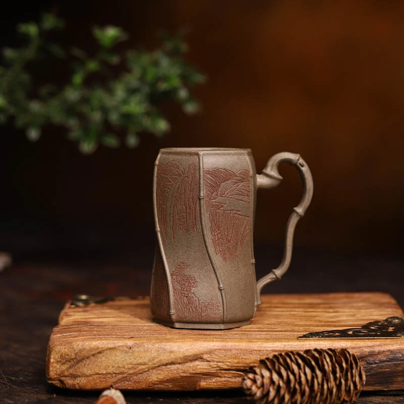 宜兴紫砂 | 九斋创新旋转紫砂山水刻绘  手把紫砂主人杯