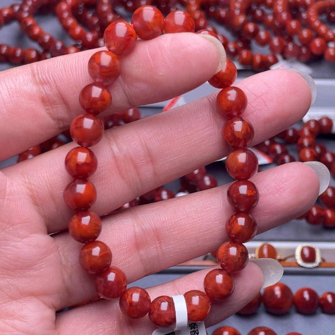 南红玛瑙未镶嵌配珠8.7mm瓦西火焰纹圆珠手串