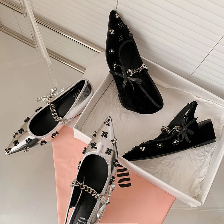 跟高6cm/33-40/尖头纯色蝴蝶结浅口法式百搭方头高跟女鞋