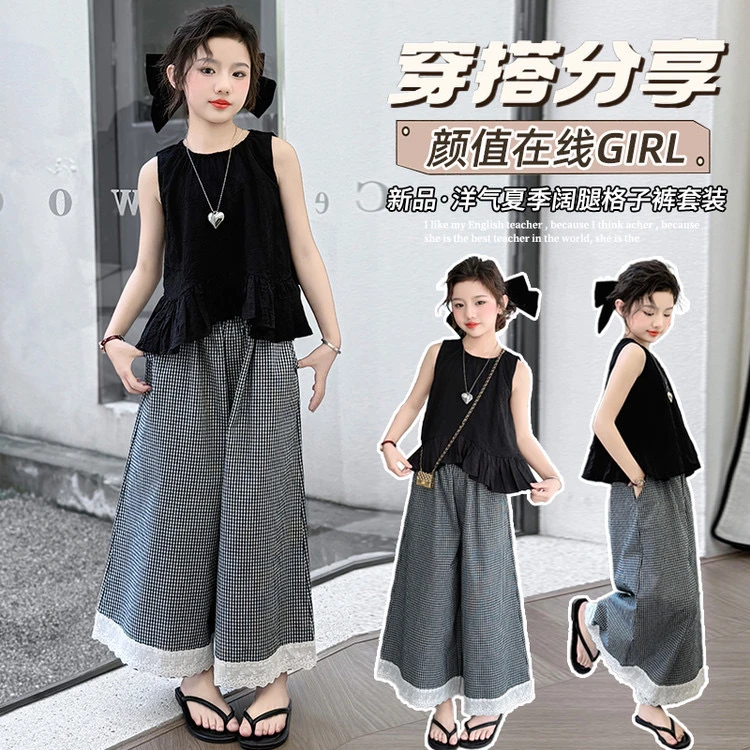 休闲风常规夏季薄款女格子套装女童上衣阔腿童装夏装