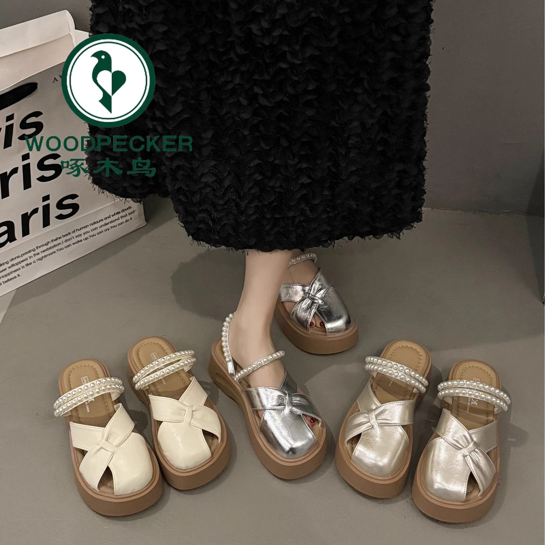 啄木鸟法式厚底珍珠两穿包头半拖鞋女夏外穿2025新款配裙子凉拖鞋