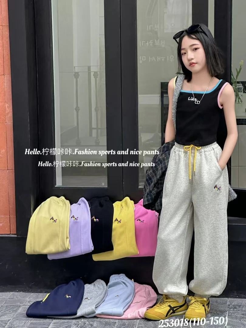 卡通斑马刺绣阔腿裤卫裤抽绳高腰宽松休闲长裤253018