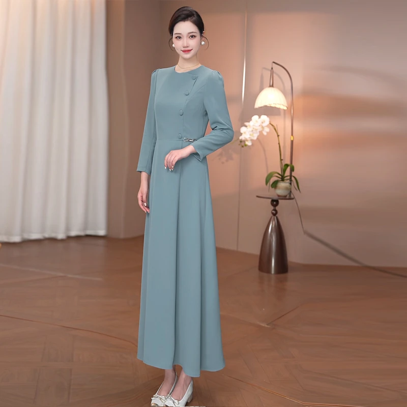 雾霾蓝大摆连衣裙2025秋季时尚修身收腰显瘦气质长裙25118