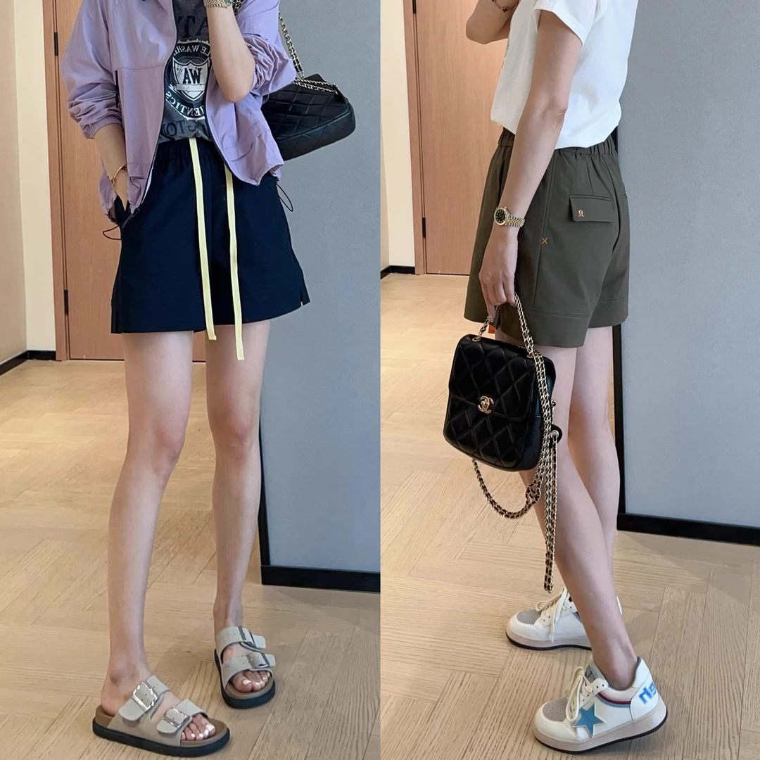 撞色松紧腰A字阔腿短裤2025夏季新款梨型身材宽松显瘦休闲热裤