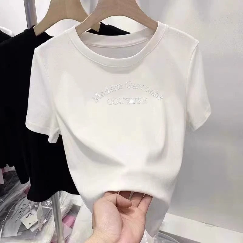 欧洲站辣妹圆领短袖白色t恤女字母修身纯棉夏装上衣小衫ins潮
