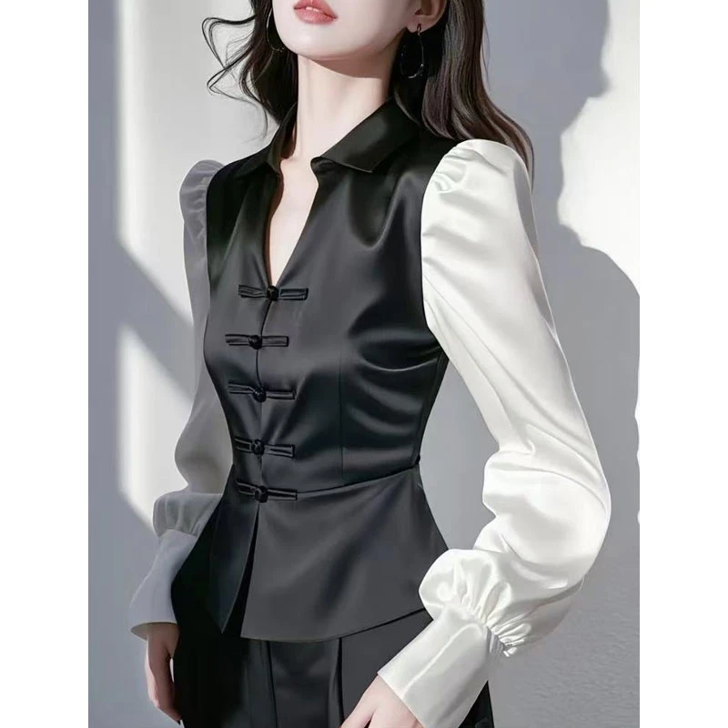 新中式黑色拼接衬衫2025春季气质高端高级感轻奢收腰国风盘扣上衣