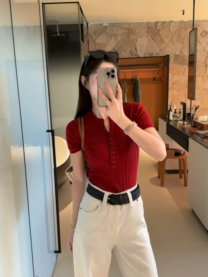 发财红 大牌老钱风常规袖夏季纯色法式气质韩版V领春夏修身型
