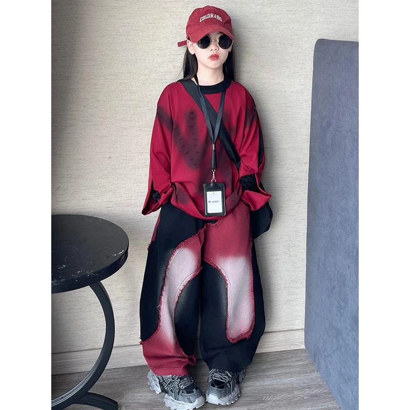 女童韩版喷色工艺休闲卫衣洋气休闲宽松牛仔裤2025春秋两件套潮酷