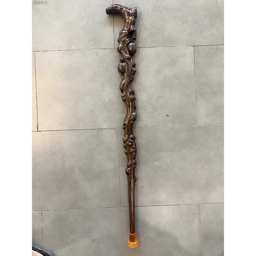 寿桃手杖黑檀木雕刻礼品拐杖老人用鸡翅木质工艺礼品批发