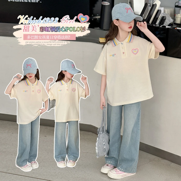 夏装女童新款POLO衫T恤牛仔套装夏季中大童女孩儿童甜美洋气夏款
