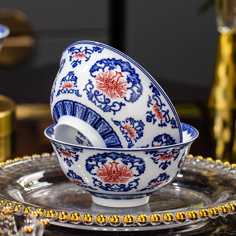 景德镇高温青花陶瓷碗餐具中式加厚米饭碗面汤碗釉里红白瓷碗