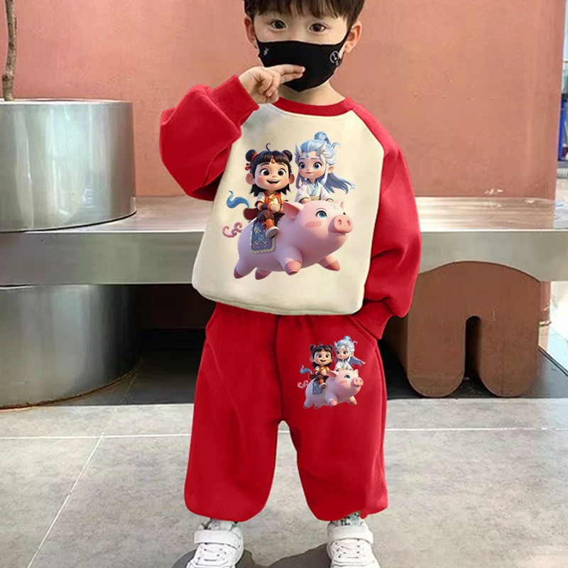 哪吒卫衣儿童服装新款男童全套洋气女童长袖卫衣两件套小孩子套装