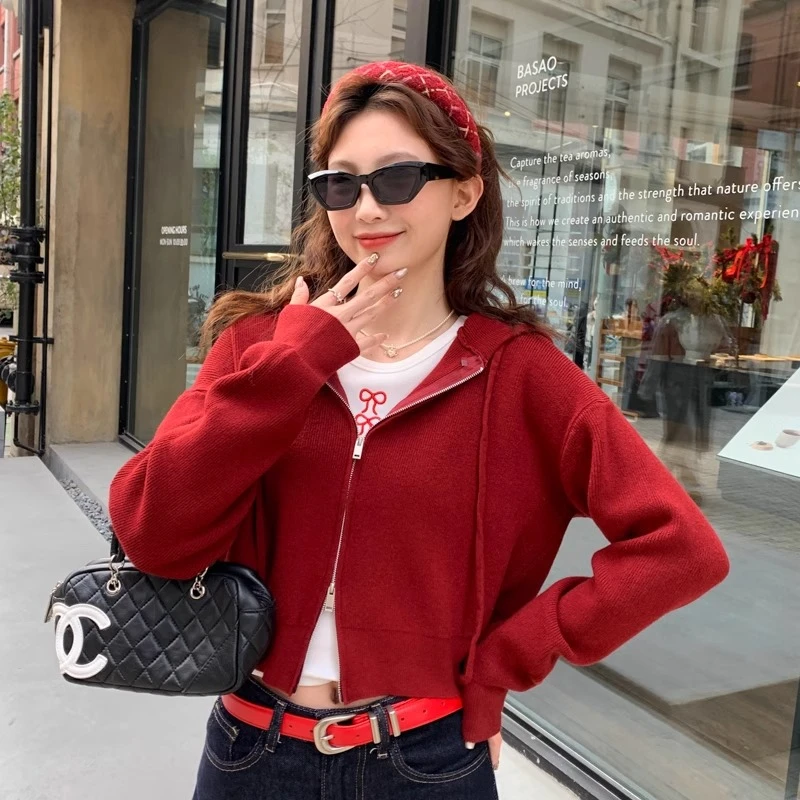 小个子红色连帽针织卫衣女2025春秋季新款慵懒风修身显瘦短款上衣