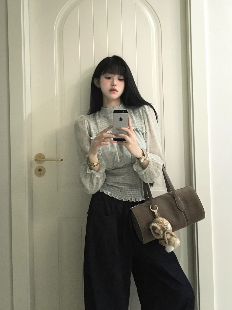 通勤简约百搭圆领收腰显瘦防晒长袖上衣松弛感宽松休闲阔腿裤套装