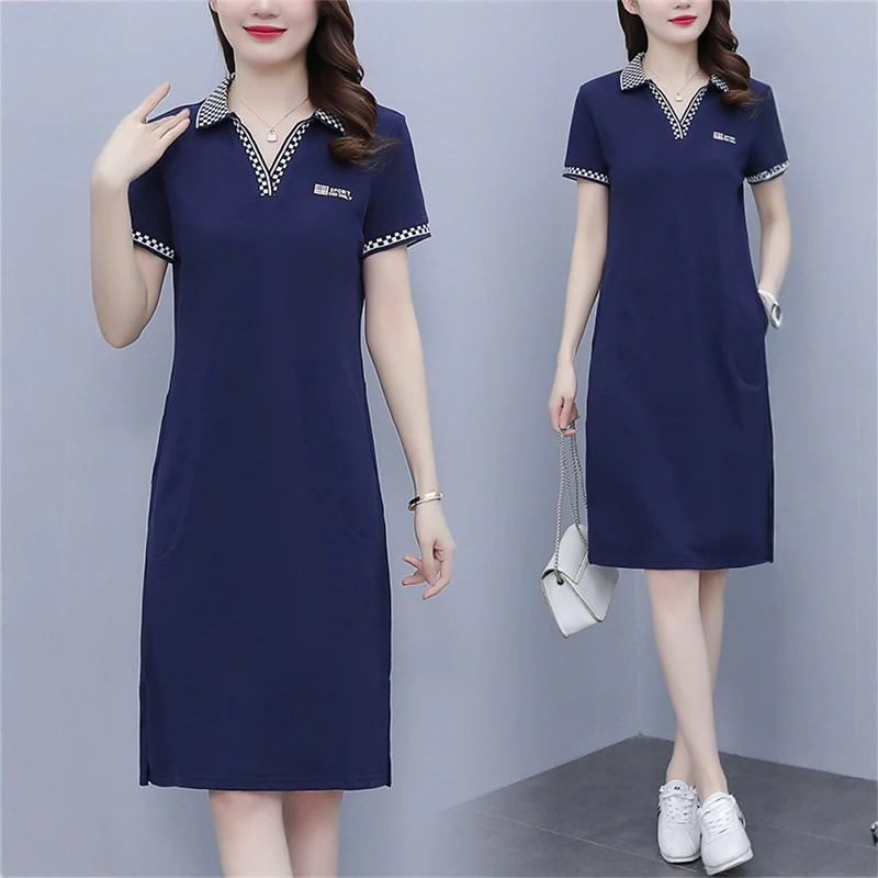 POLO连衣裙女夏季翻领遮肚减龄显瘦气质大码休闲运动中长款T恤裙