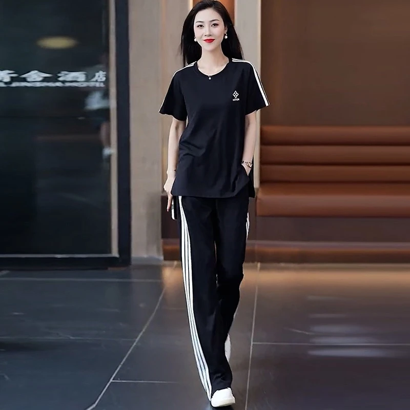 仿棉休闲运动套装女2025夏季新款时尚宽松大码短袖阔腿裤两件套潮