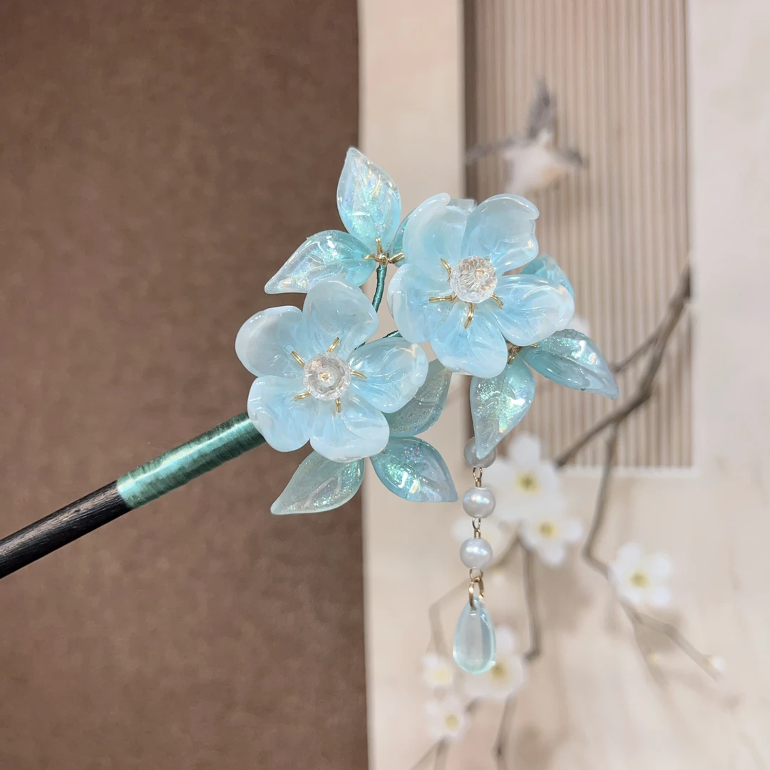 036原创琉璃木簪蓝色汉服发饰头饰流苏配饰