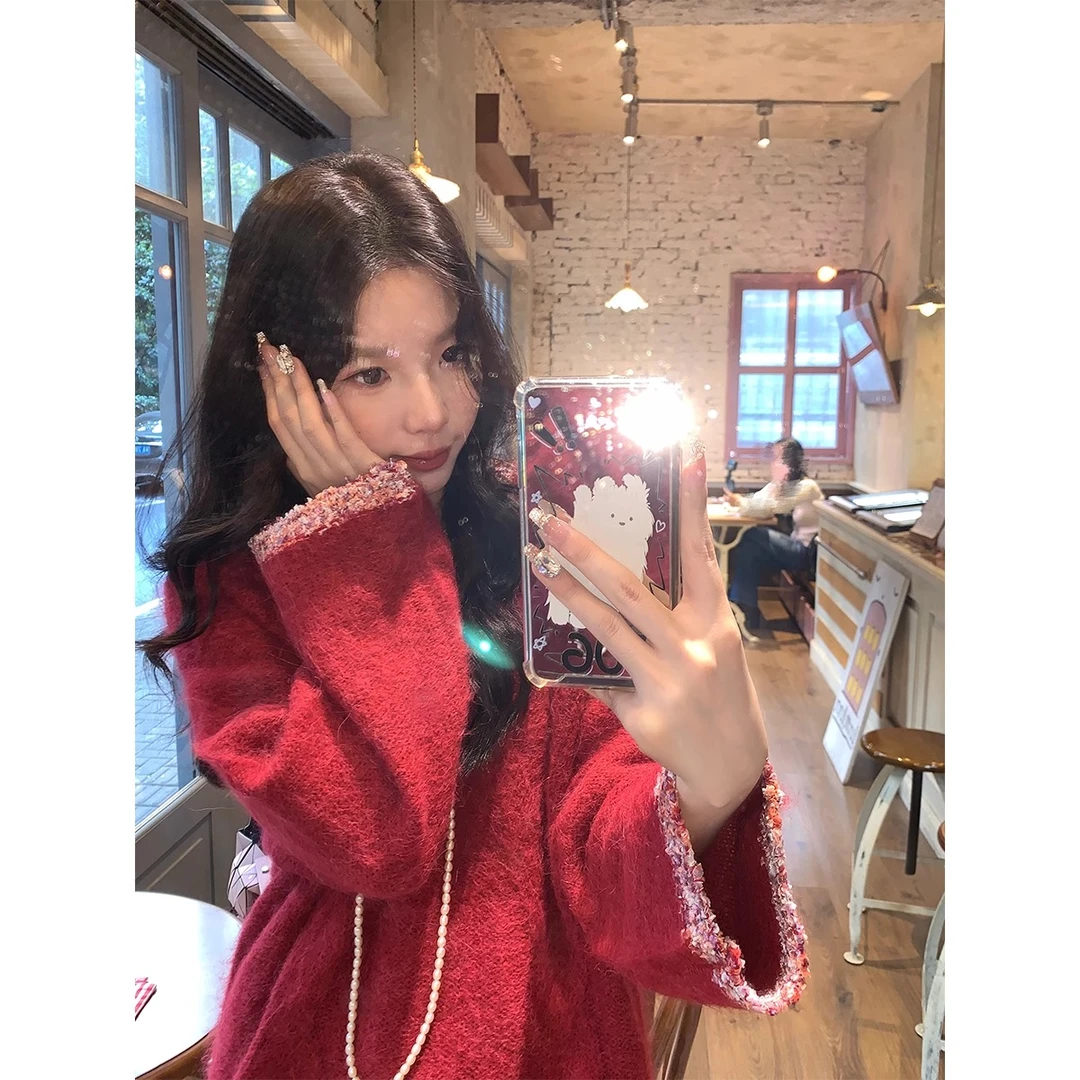 温柔设计感璀璨星光甜美奶fufu蜜桃粉软糯糯秋冬毛衣套头上衣重工