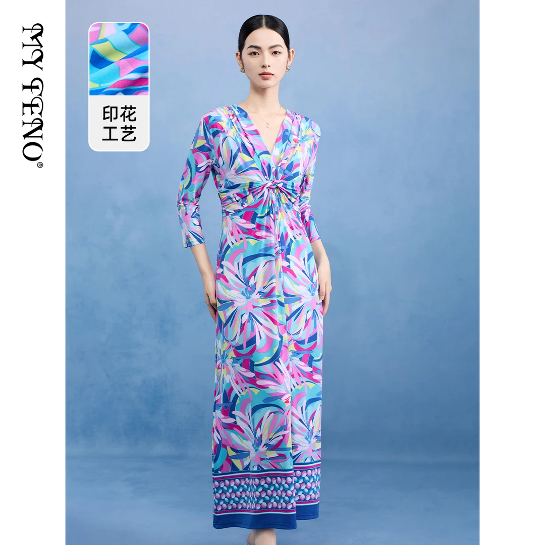 MY TENO/马天奴VDSC80连衣裙修身花保暖碎花水晶麻裹身裙女士长裙