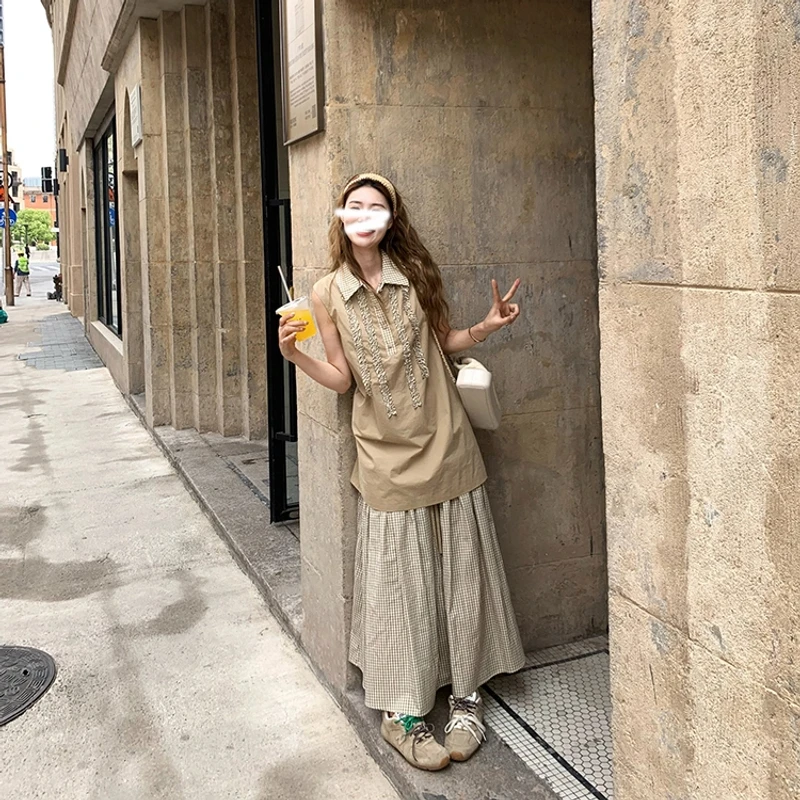 Miu系复古格纹撞色木耳边无袖上衣+格纹半裙休闲套装女   80719