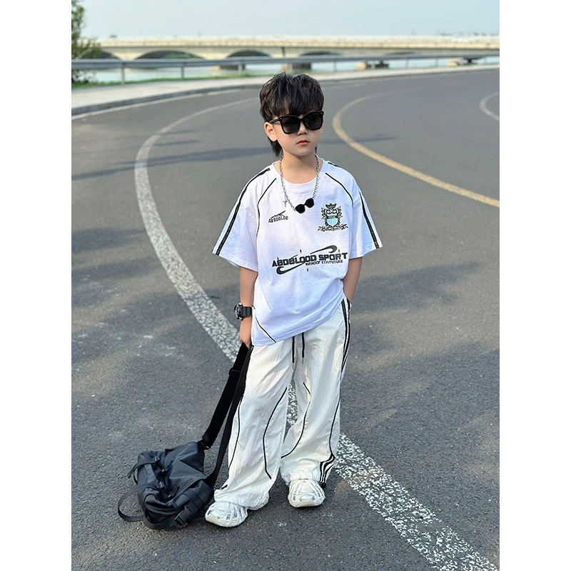 男童夏季新款时尚潮流美式复古炸街织带卡绳短袖上衣中大童裤子